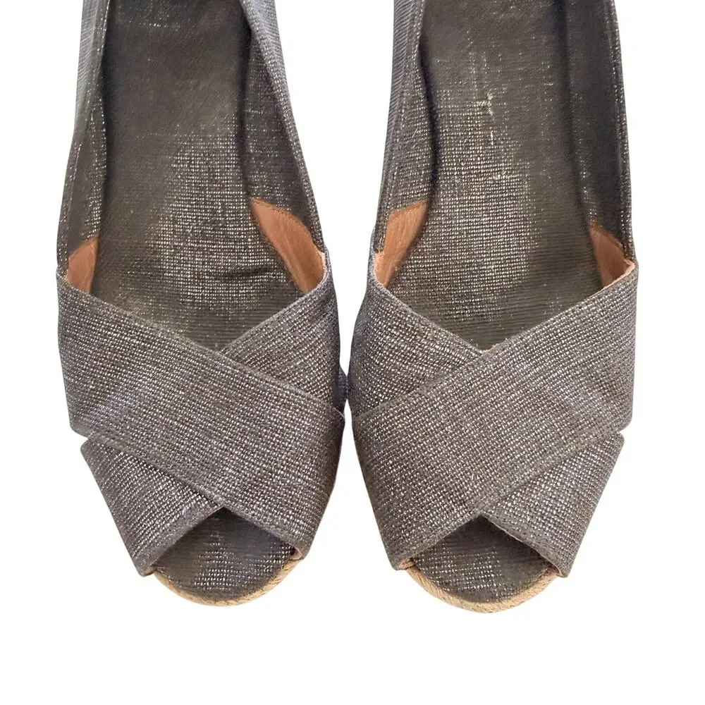 Tory Burch Filipa Pewter Linen Espadrille Wedge Platform Sandals Shoes 9 Womens